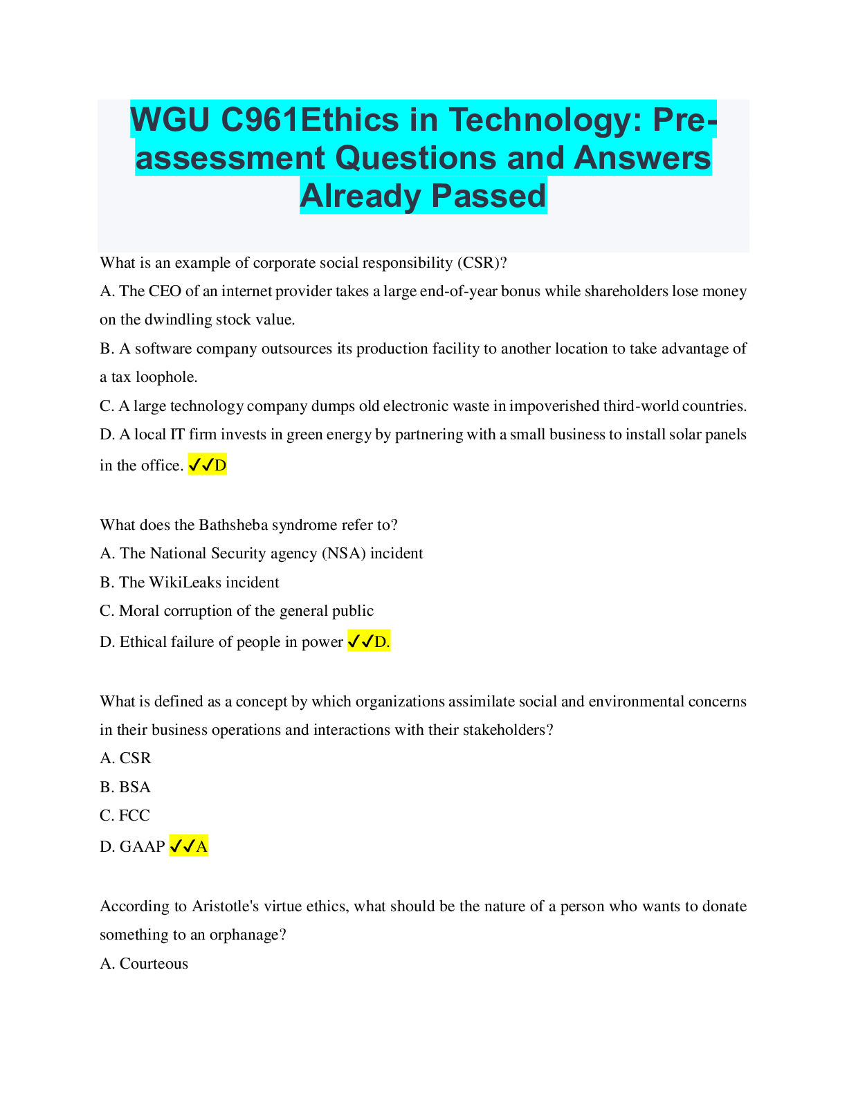 Preview image for WGU C961Ethics in Technology: Preassessment Questions and Answers Already Passed